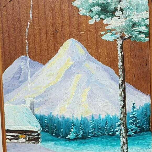 Vintage Wood Wall Art With Winter Mountain Scene By Wicker - Picture 4 of 7